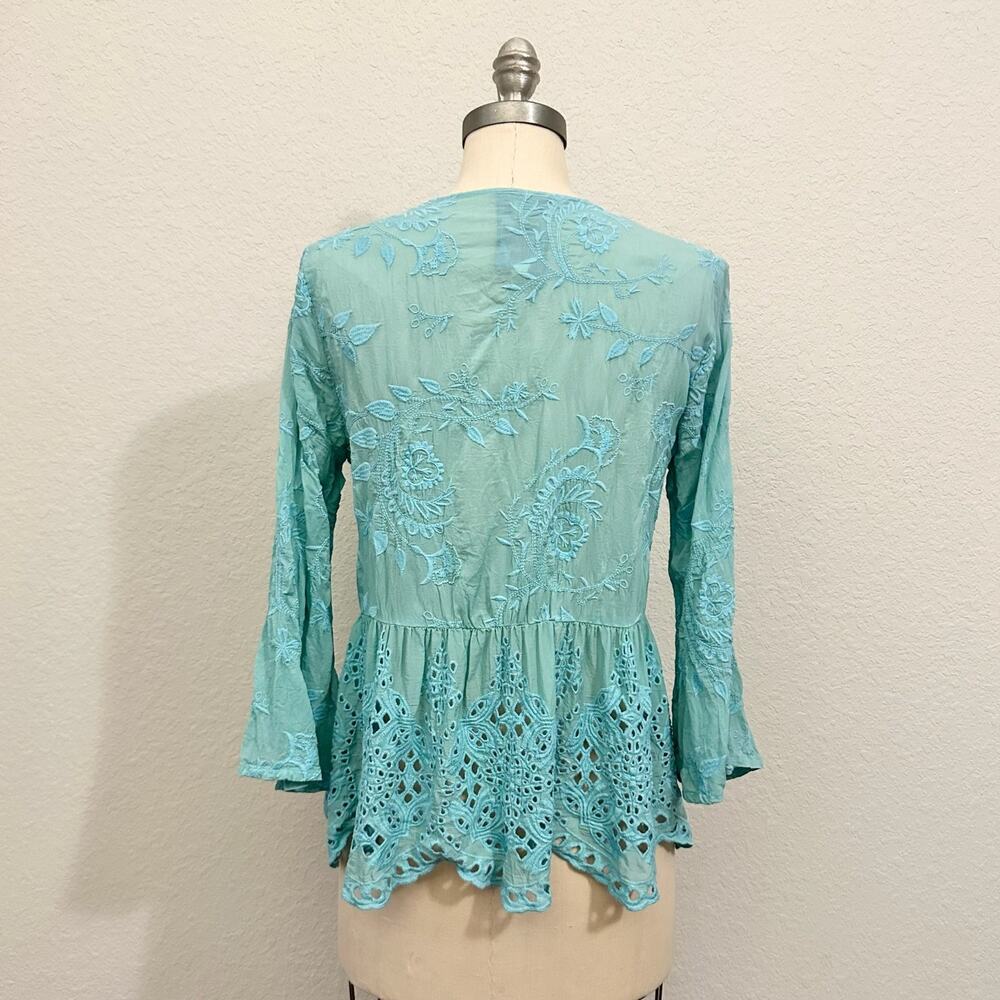 JOHNNY WAS Ingrid Reveka Blouse Top Marine Blue Floral Eyelet Peplum - Picture 2 of 11